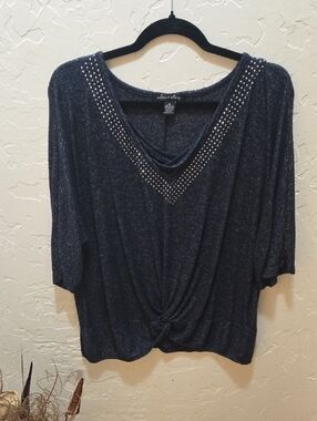 A Love Story Navy  Knot-Front Blouse with Stud Detail